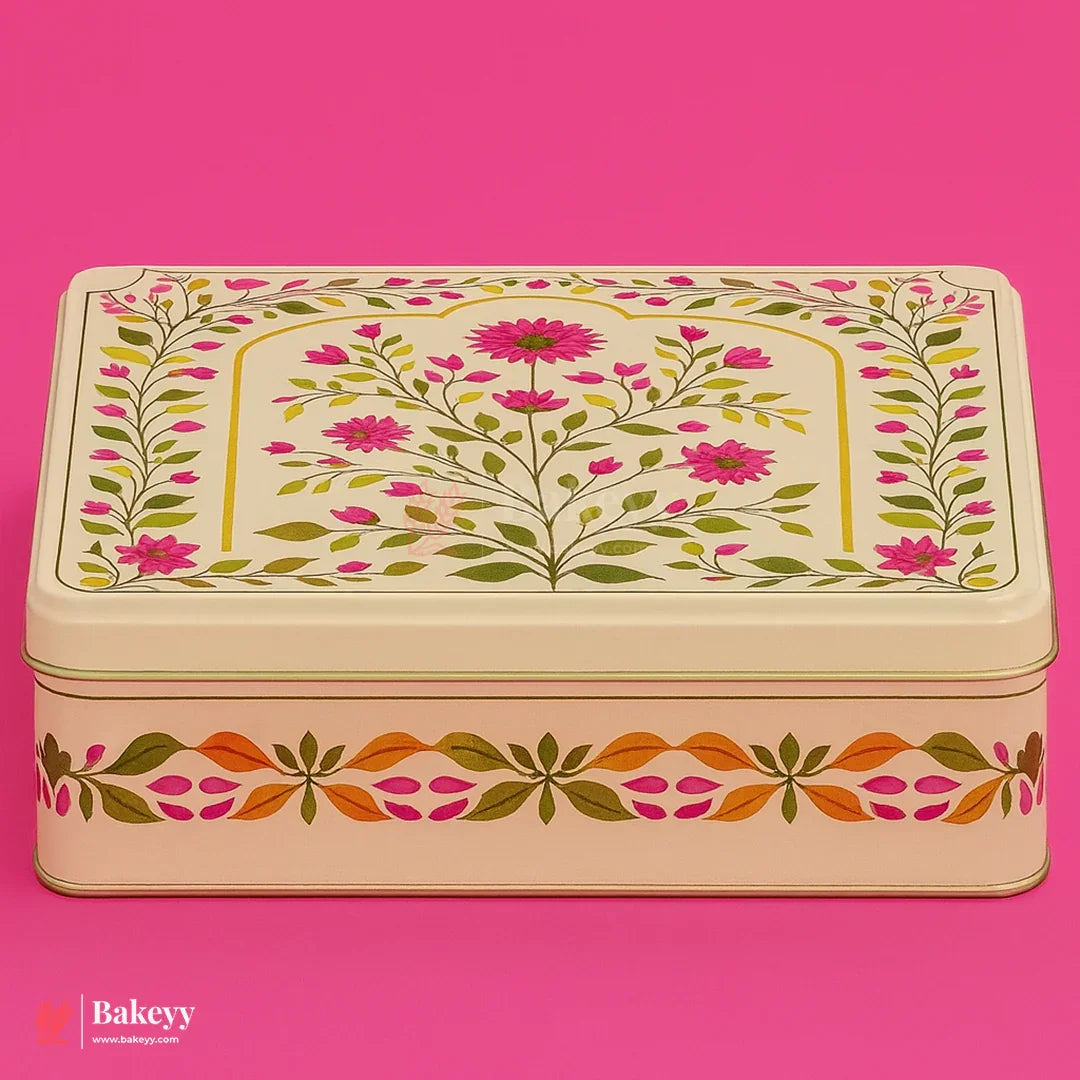 Rectangle Premium Elegant Floral Tin Box – Pink & Gold Accents | Pack of 2