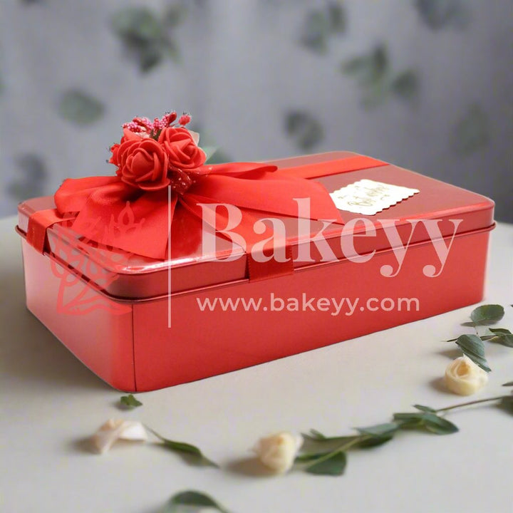 Red Rectangle Empty Decorative Tin Box | Pack of 4 |Gift Box | Chocolate Box | Sweet Box | Jewellery Box | Luxury Box - Bakeyy.com