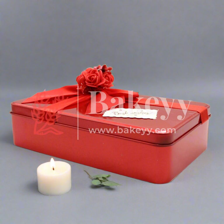 Red Rectangle Empty Decorative Tin Box | Pack of 4 |Gift Box | Chocolate Box | Sweet Box | Jewellery Box | Luxury Box - Bakeyy.com