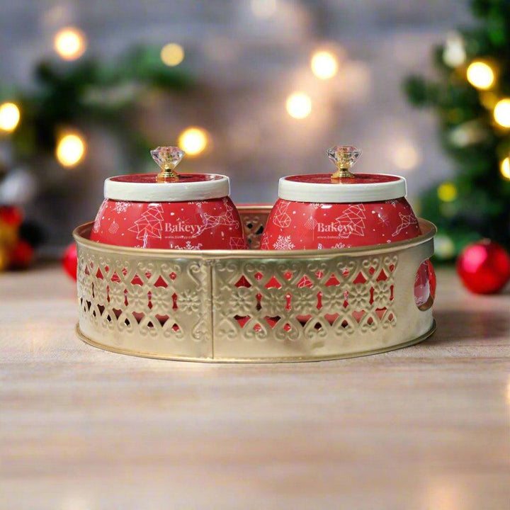 Round Christmas Tray with Two Jars | Pack of 1 | Perfect for Gifting, Dry Fruits, or Candy Storage - Bakeyy.com - India - Round Christmas Tray with Two Jars | Pack of 1 | Perfect for Gifting, Dry Fruits, or Candy Storage - Default Title