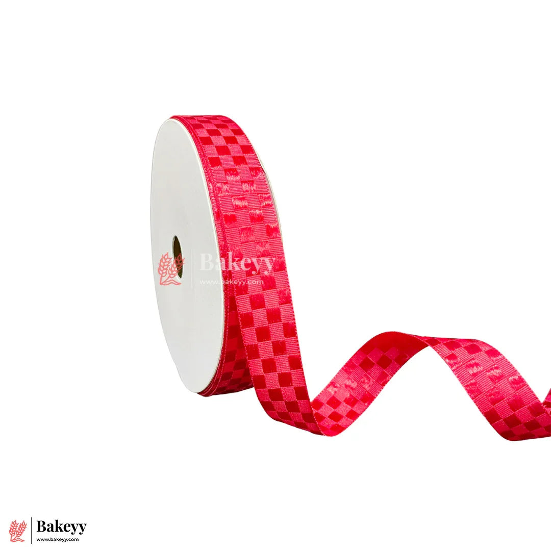 2cm |18 Mtr Premium Red Checkered Satin Ribbon Roll – Elegant Finish for Gift Wrapping & Crafts| 1 Roll