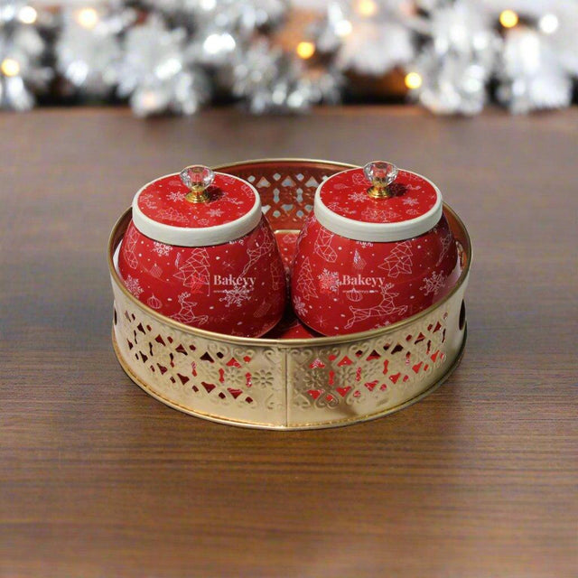 Round Christmas Tray with Two Jars | Pack of 1 | Perfect for Gifting, Dry Fruits, or Candy Storage - Bakeyy.com - India - Round Christmas Tray with Two Jars | Pack of 1 | Perfect for Gifting, Dry Fruits, or Candy Storage - Default Title