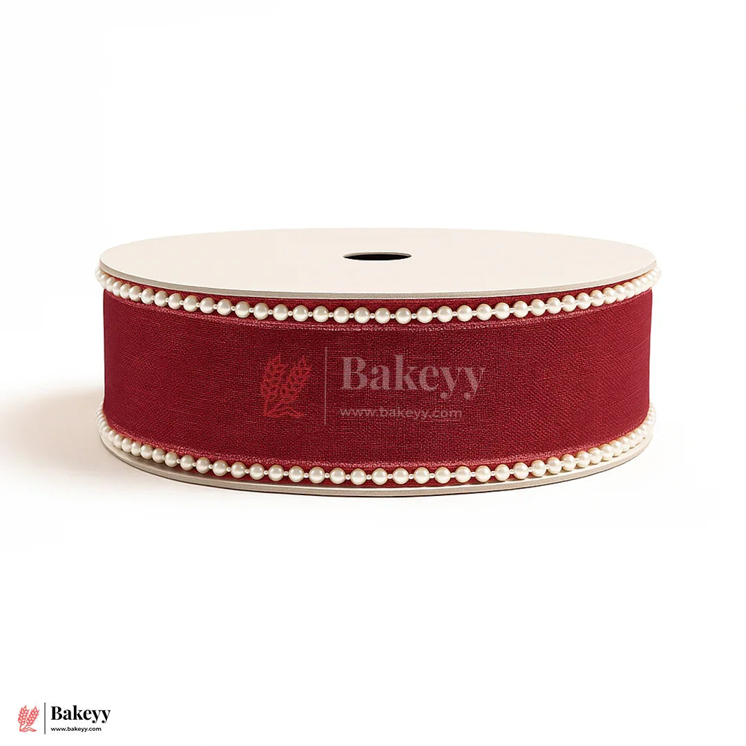 11651 | 9mtr  Red Net Ribbon with Double Pearl Edging – Decorative Roll for Bouquets, Gift Wrapping & Crafts