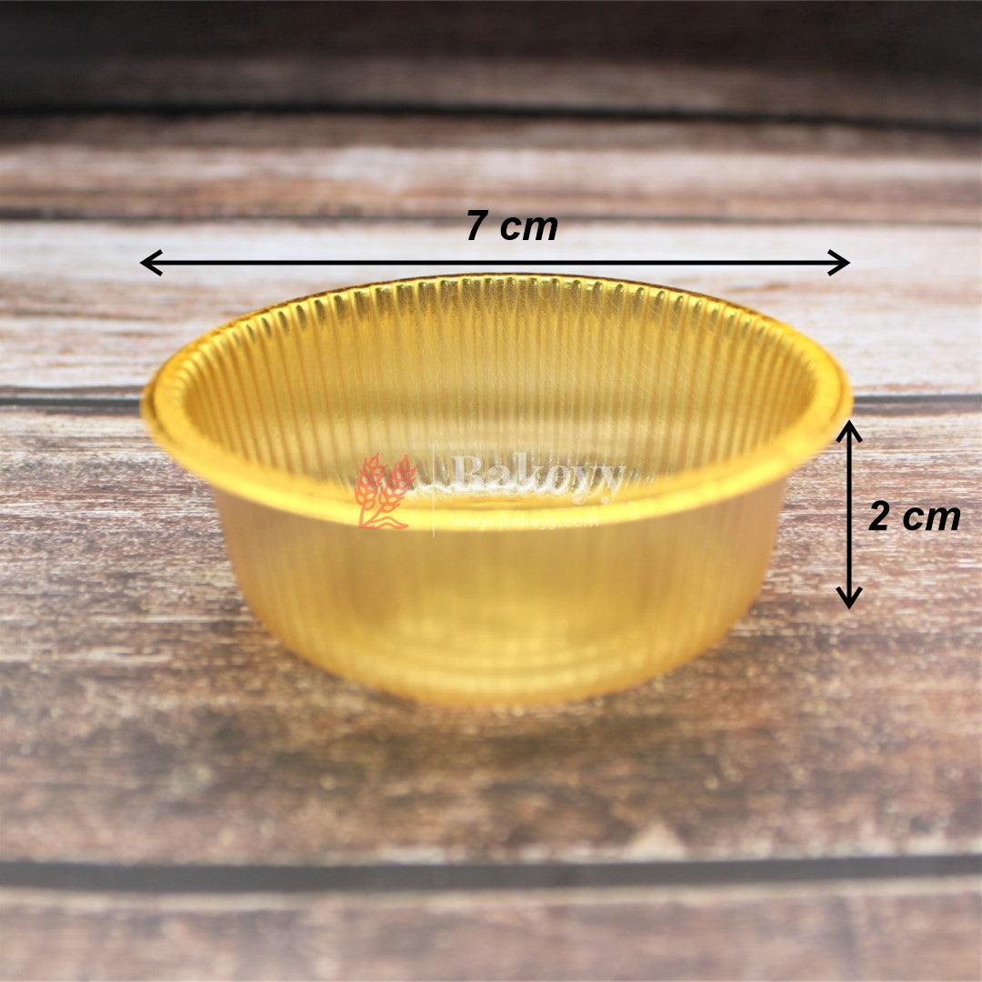 Round Disposable Gold Plastic Foil Tray | Sweet Tray |Chocolate Tray | Pack of 100 - Bakeyy.com - India - Round Disposable Gold Plastic Foil Tray | Sweet Tray |Chocolate Tray | Pack of 100 - 7 cm