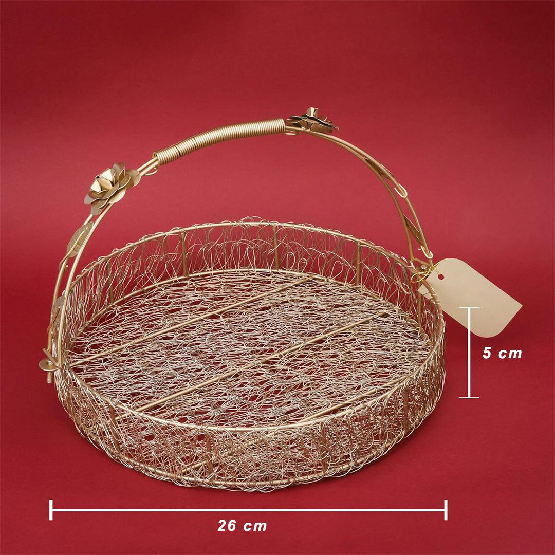 Decorative Gold Metal Hamper Basket For Gifting Round with Handle