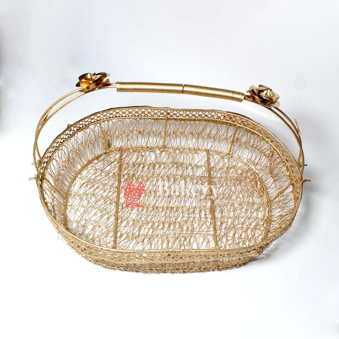 14 Inch Decorative Gold Metal Hamper Basket For Gifting Oval with Handle