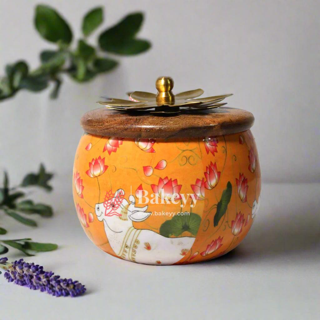 Yellow Handcrafted Decorative Jar with Floral Wooden Lid (Pack Of 1)