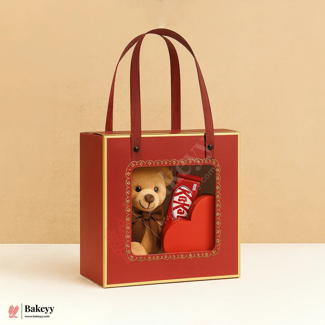 2 in 1 Premium Sparkle Red Window Gift Bag Come Box | 25x25x10cm | Pack Of 10