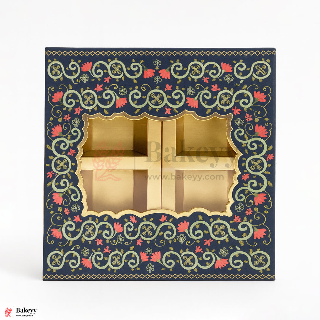 8x8x1.5 Inch | Rigid Dry Fruit Box | Elegant 4-Compartment Festive Hamper Box with Window Lid | Elegant Floral Design | Pack Of 1