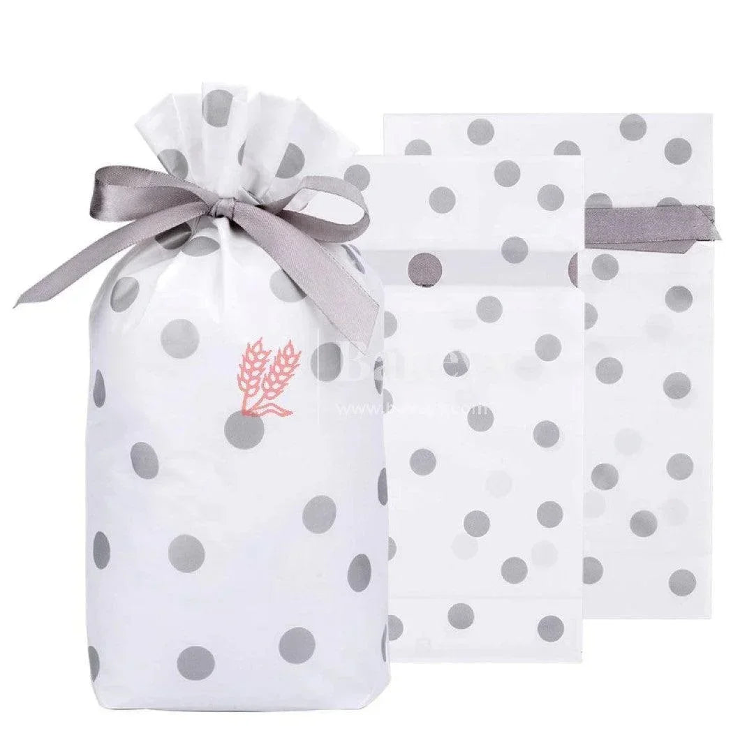 silver-big-dots-plastic-stand-up-treat-favor-bags-gift-wrapper-bags-for-candy-cookie-chocolate-or-pack-of-25-bakeyy-com-4 - Bakeyy.com