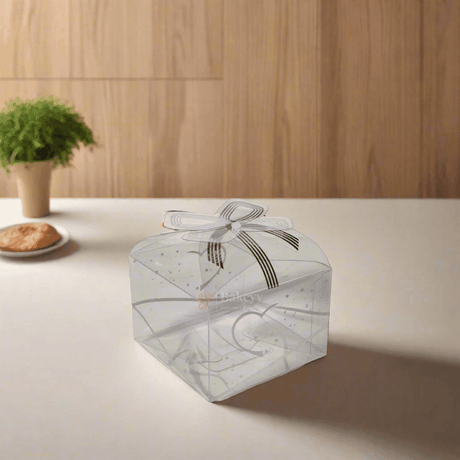 Bow with Heart Square Box | Chocolate PVC Box | Pack of 10 - Bakeyy.com - India - Bow with Heart Square Box | Chocolate PVC Box | Pack of 10 - Silver