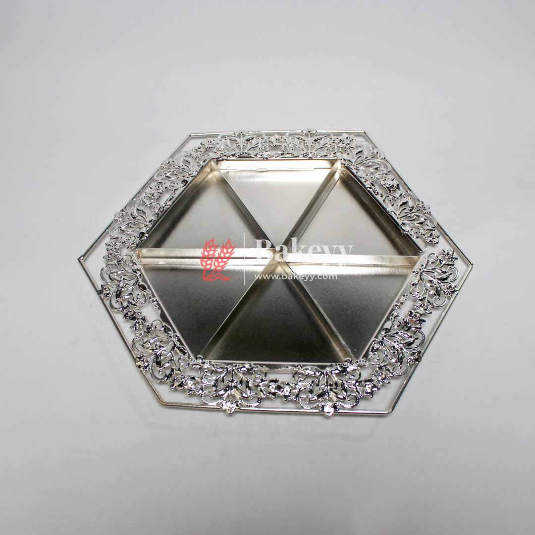 10 inch| Luxurious Hexagonal Metal Serving Tray with Elegant Floral Design | Luxurious Silver-Plated Metal Dry Fruit Tray