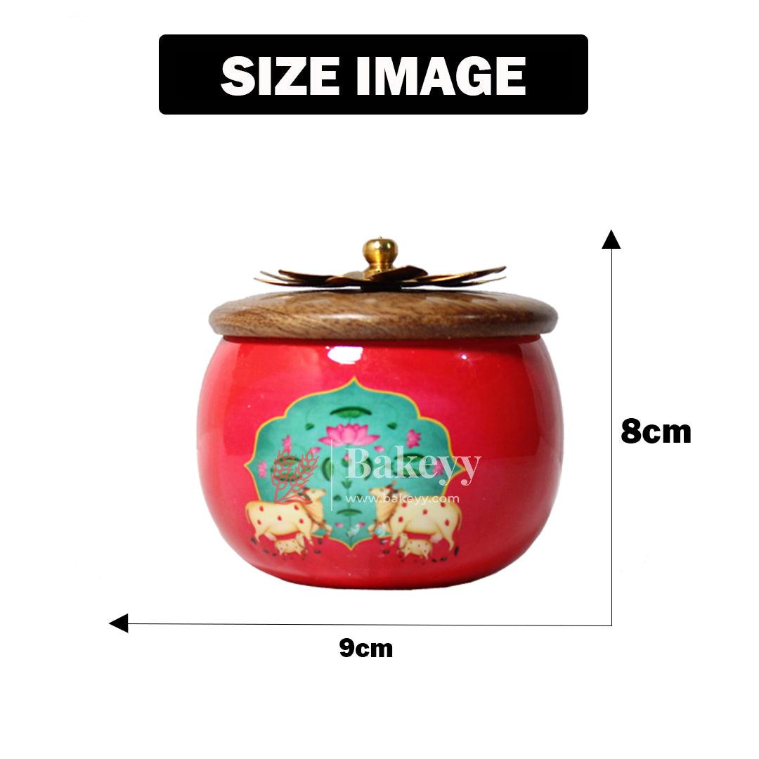 Red Handcrafted Decorative Jar with Floral Wooden Lid (Pack Of 1)