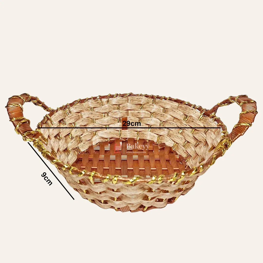 Rustic Handwoven Round Basket with Handles & Golden Border – Decorative Storage & Serving Tray - Bakeyy.com - India - Rustic Handwoven Round Basket with Handles & Golden Border – Decorative Storage & Serving Tray - Default Title