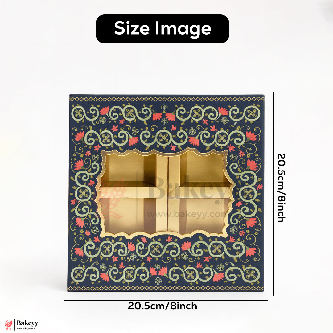 8x8x1.5 Inch | Rigid Dry Fruit Box | Elegant 4-Compartment Festive Hamper Box with Window Lid | Elegant Floral Design | Pack Of 1
