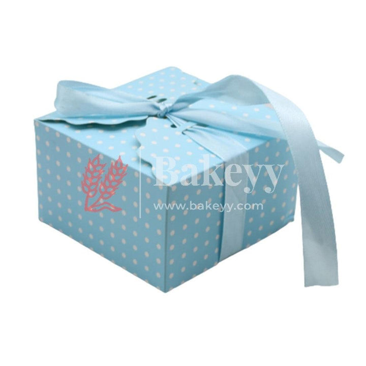 Sky Blue with White Small Dotted Small Gift Box, Cute Kraft Paper Gift Boxes with Brown Ribbon, Wedding Favour Boxes, Kraft Brown Gift Box for Party, Wedding, Gifts | Pack Of 10 - Bakeyy.com