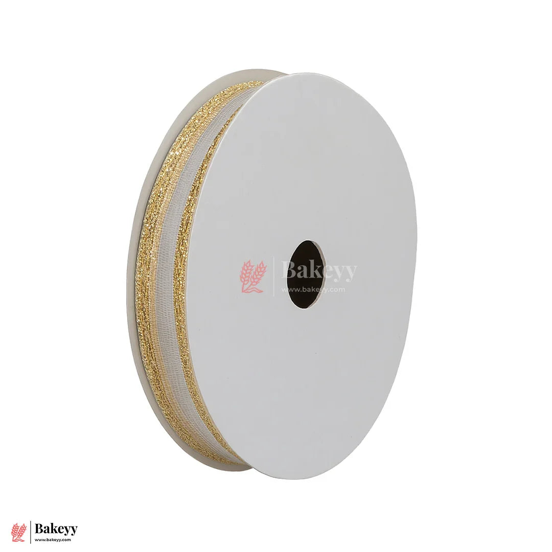 1849|18 mtr Gold Glitter Edge White Net Ribbon Roll – 2cm Decorative Craft & Gift Wrapping Ribbon