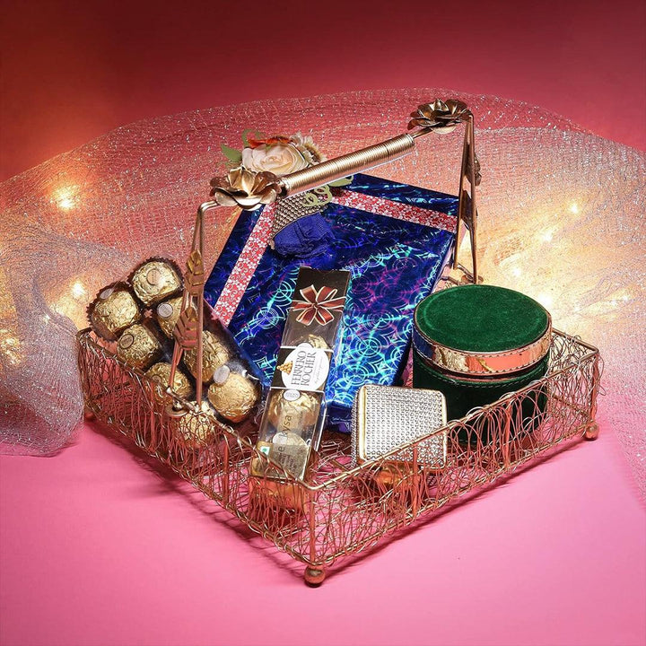 Small Decorative Gold Metal Hamper Basket For Gifting Square with Handle - Bakeyy.com