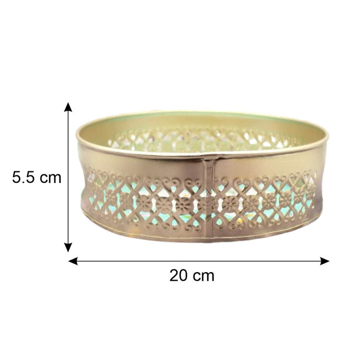 Small Decorative Round Gold Metal Hamper Basket For Gifting | With Designs | Small - Bakeyy.com