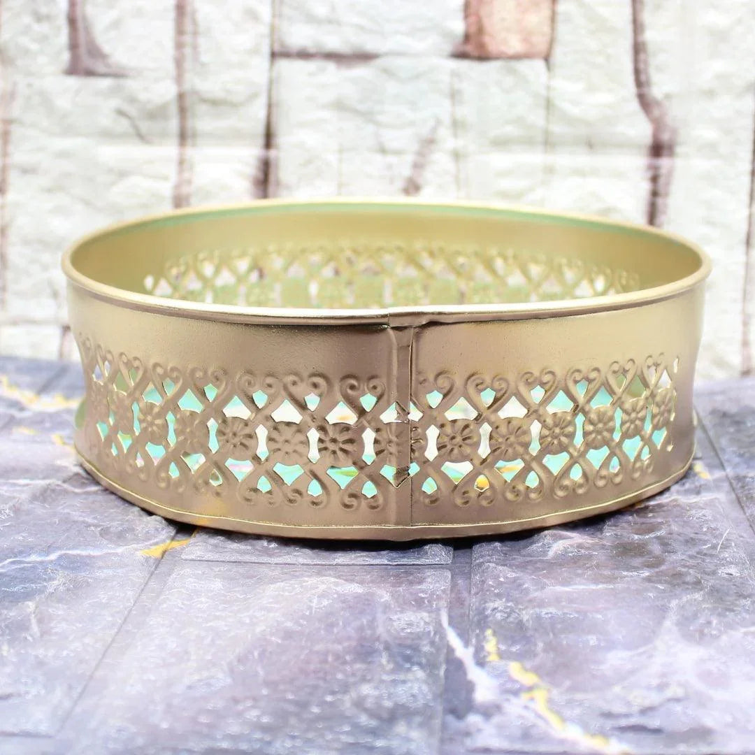 small-decorative-round-gold-metal-hamper-basket-for-gifting-or-with-designs-or-small-bakeyy-com-5 - Bakeyy.com
