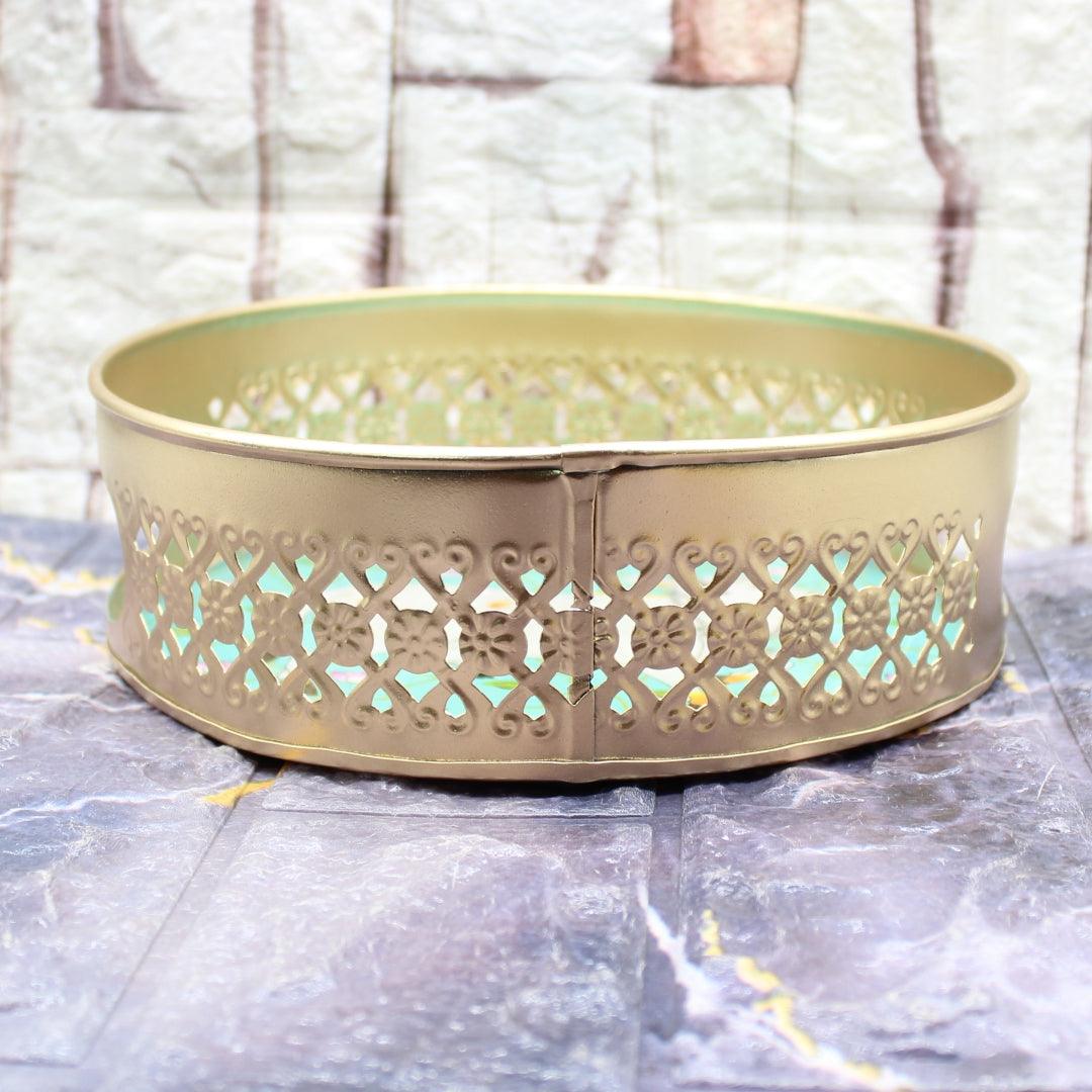 Small Decorative Round Gold Metal Hamper Basket For Gifting | With Designs | Small - Bakeyy.com - India - Small Decorative Round Gold Metal Hamper Basket For Gifting | With Designs | Small - Default Title