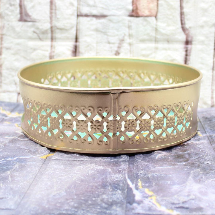 Small Decorative Round Gold Metal Hamper Basket For Gifting | With Designs | Small - Bakeyy.com
