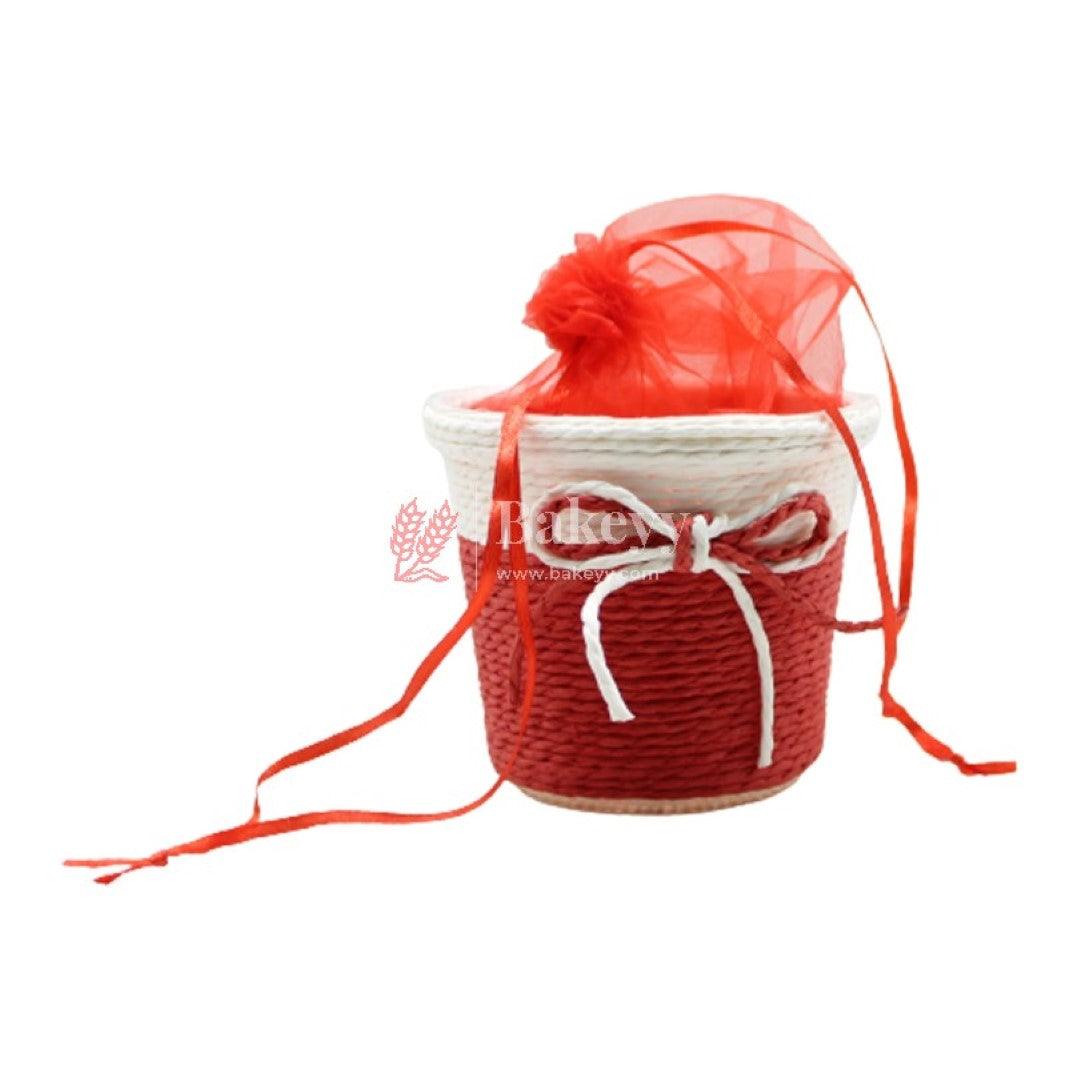 Small Round Basket With Organza Net for Party Decorations, Baby Shower Favors, Gift Boxes with Sheer Drawstring Bags - Bakeyy.com - India - Small Round Basket With Organza Net for Party Decorations, Baby Shower Favors, Gift Boxes with Sheer Drawstring Bags - Red