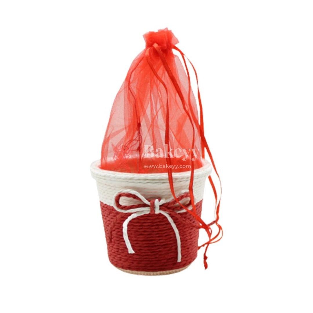 Small Round Basket With Organza Net for Party Decorations, Baby Shower Favors, Gift Boxes with Sheer Drawstring Bags - Bakeyy.com - India - Small Round Basket With Organza Net for Party Decorations, Baby Shower Favors, Gift Boxes with Sheer Drawstring Bags - Red