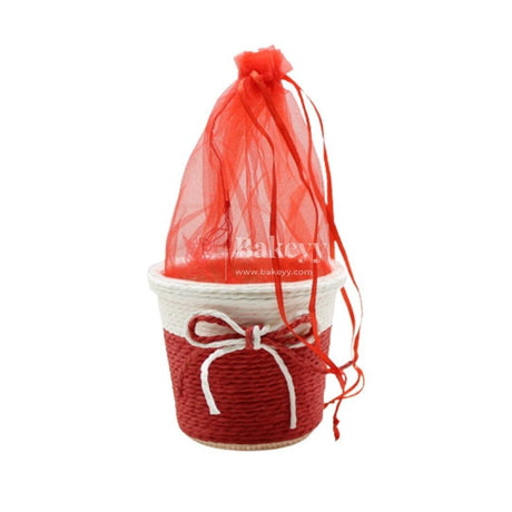 Small Round Basket With Organza Net for Party Decorations, Baby Shower Favors, Gift Boxes with Sheer Drawstring Bags - Bakeyy.com - India - Small Round Basket With Organza Net for Party Decorations, Baby Shower Favors, Gift Boxes with Sheer Drawstring Bags - Red