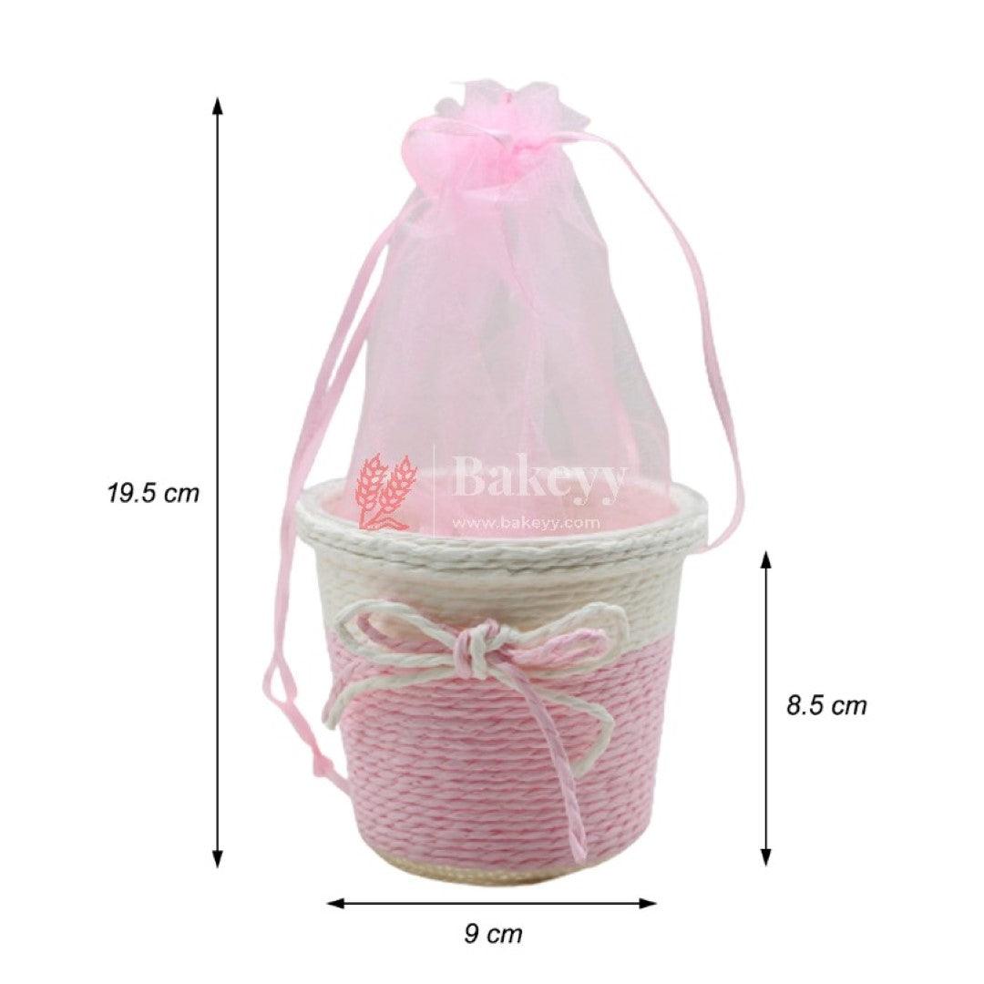 Small Round Basket With Organza Net for Party Decorations, Baby Shower Favors, Gift Boxes with Sheer Drawstring Bags - Bakeyy.com - India - Small Round Basket With Organza Net for Party Decorations, Baby Shower Favors, Gift Boxes with Sheer Drawstring Bags - Red