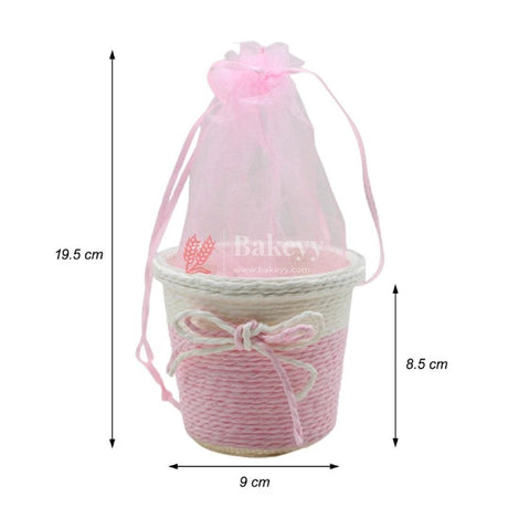 Small Round Basket With Organza Net for Party Decorations, Baby Shower Favors, Gift Boxes with Sheer Drawstring Bags - Bakeyy.com - India - Small Round Basket With Organza Net for Party Decorations, Baby Shower Favors, Gift Boxes with Sheer Drawstring Bags - Red