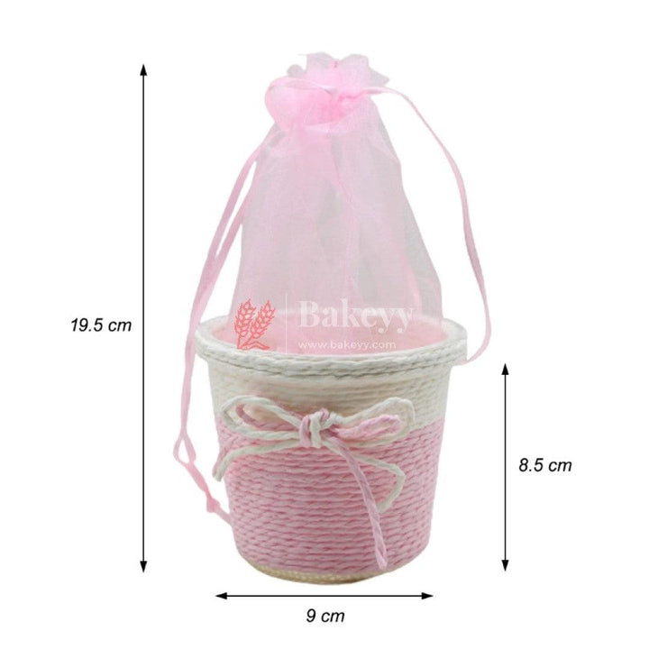 Small Round Basket With Organza Net for Party Decorations, Baby Shower Favors, Gift Boxes with Sheer Drawstring Bags - Bakeyy.com