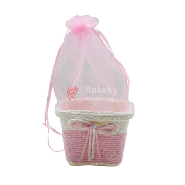 Small Square Basket With Organza Net for Party Decorations, Baby Shower Favors, Gift Boxes with Sheer Drawstring Bags - Bakeyy.com - India - Small Square Basket With Organza Net for Party Decorations, Baby Shower Favors, Gift Boxes with Sheer Drawstring Bags - Pink