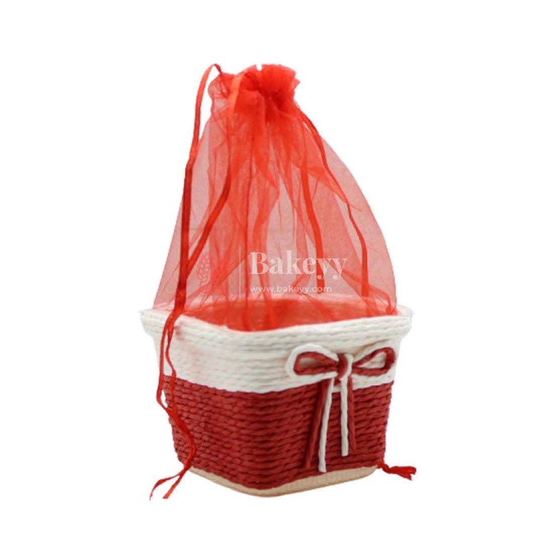 Small Square Basket With Organza Net for Party Decorations, Baby Shower Favors, Gift Boxes with Sheer Drawstring Bags - Bakeyy.com - India - Small Square Basket With Organza Net for Party Decorations, Baby Shower Favors, Gift Boxes with Sheer Drawstring Bags - Red