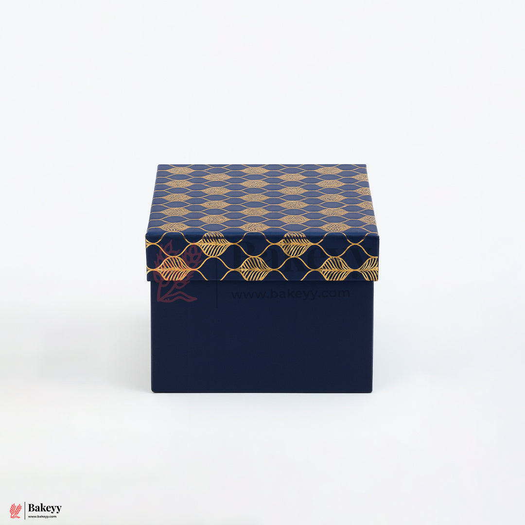 6x6x4 inch (15x15x10 cm) | Premium Rigid Hamper Box | Blue with Golden Leaf Print – Small Size