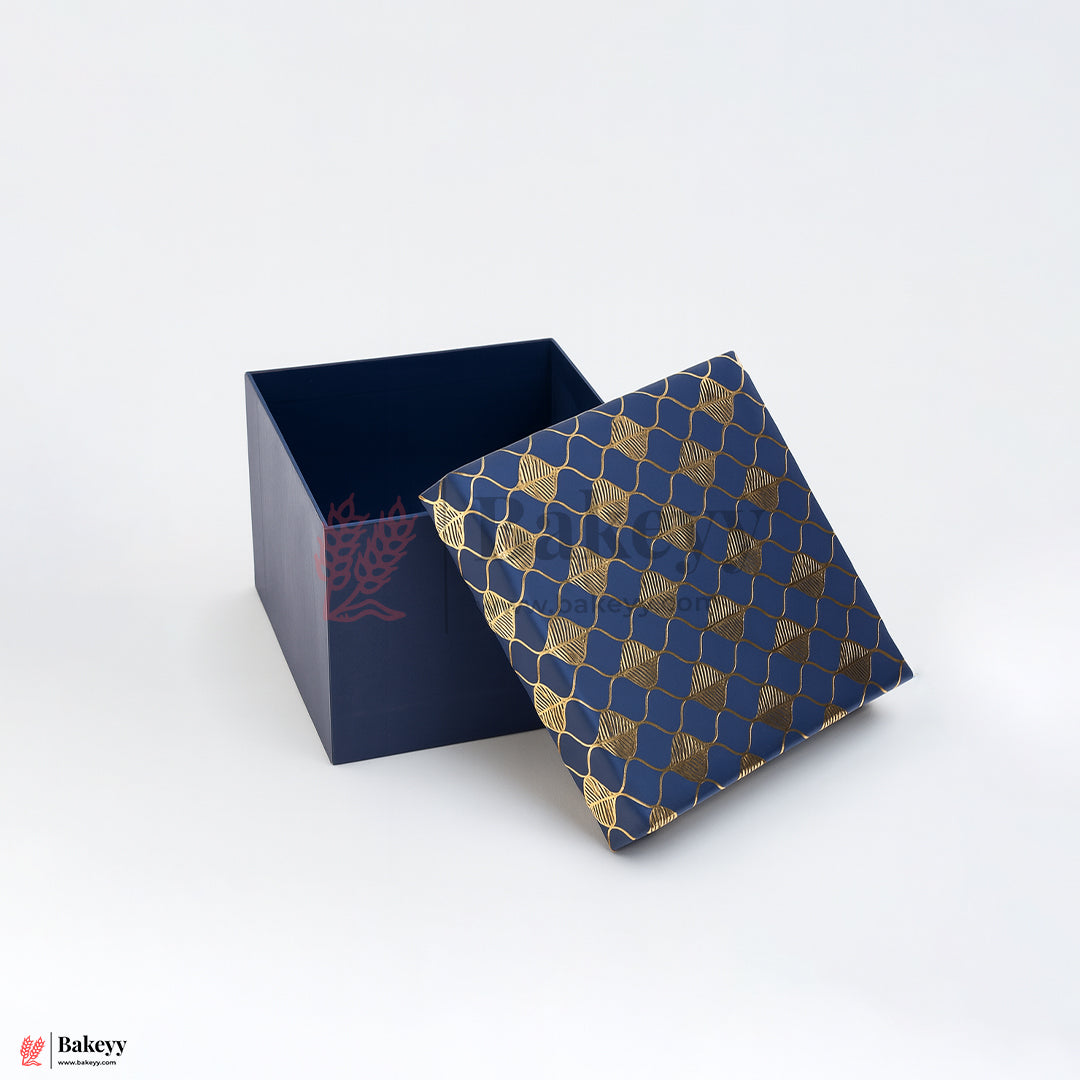 6x6x4 inch (15x15x10 cm) | Premium Rigid Hamper Box | Blue with Golden Leaf Print – Small Size