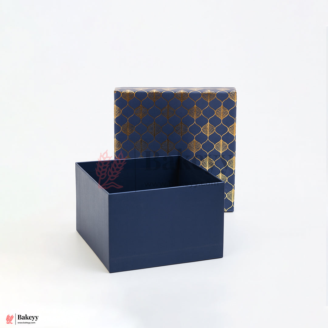 6x6x4 inch (15x15x10 cm) | Premium Rigid Hamper Box | Blue with Golden Leaf Print – Small Size