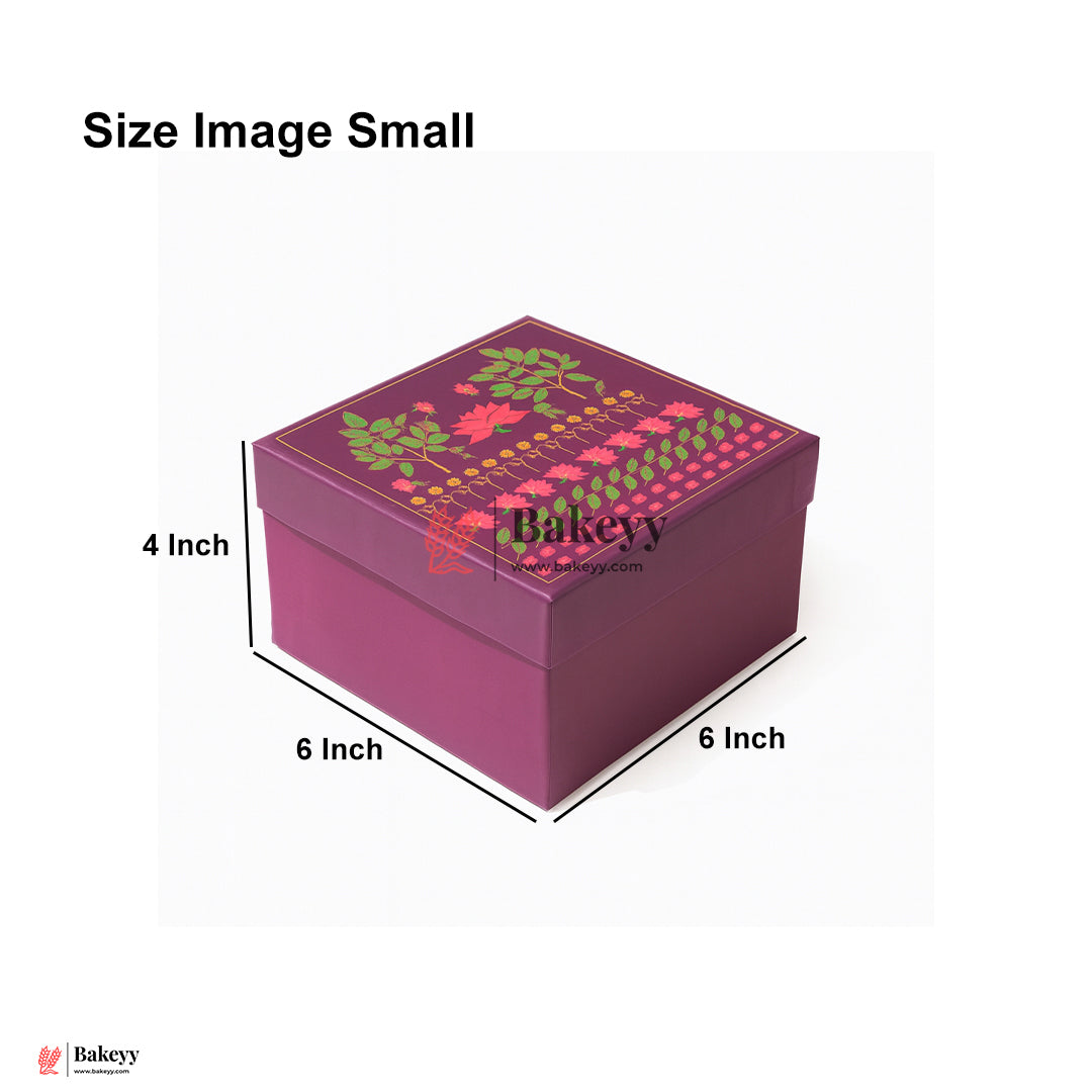 6x6x4 Inch | Small Floral Printed Premium Square Gift Box – Purple | Reusable Rigid Hamper Packaging  | Pack Of 1
