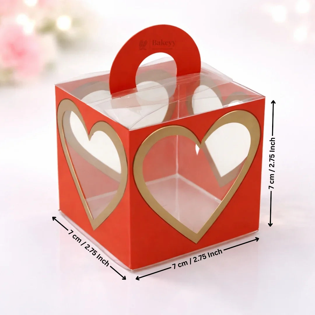 Red heart window small goodie box for bakery packaging, 7cm cube, Bakeyy India wholesale