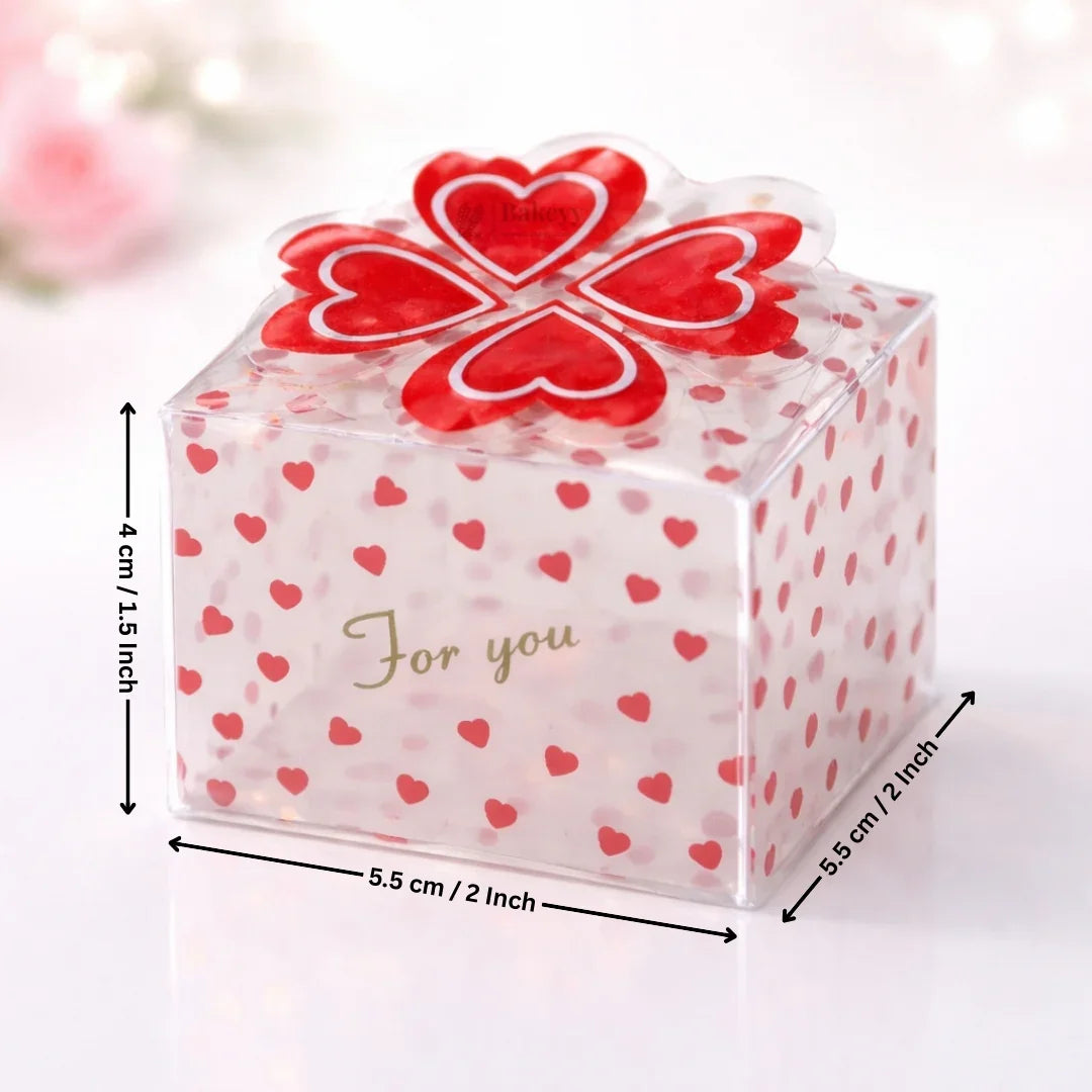 Clear plastic gift box with red heart pattern and 'For you' text, ideal for bakery packaging from Bakeyy.com