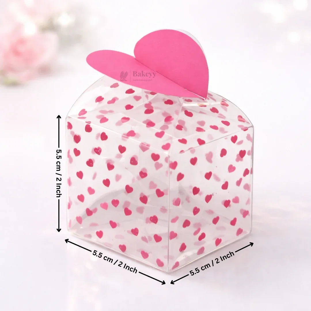 Clear gift box with pink heart pattern and heart-shaped lid, 5.5 cm, perfect for bakery packaging from Bakeyy.