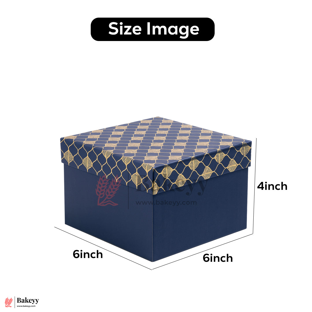 6x6x4 inch (15x15x10 cm) | Premium Rigid Hamper Box | Blue with Golden Leaf Print – Small Size