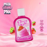 Bottle of Tiger Strawberry Milk Shake Mix on a pink background with strawberries and text.