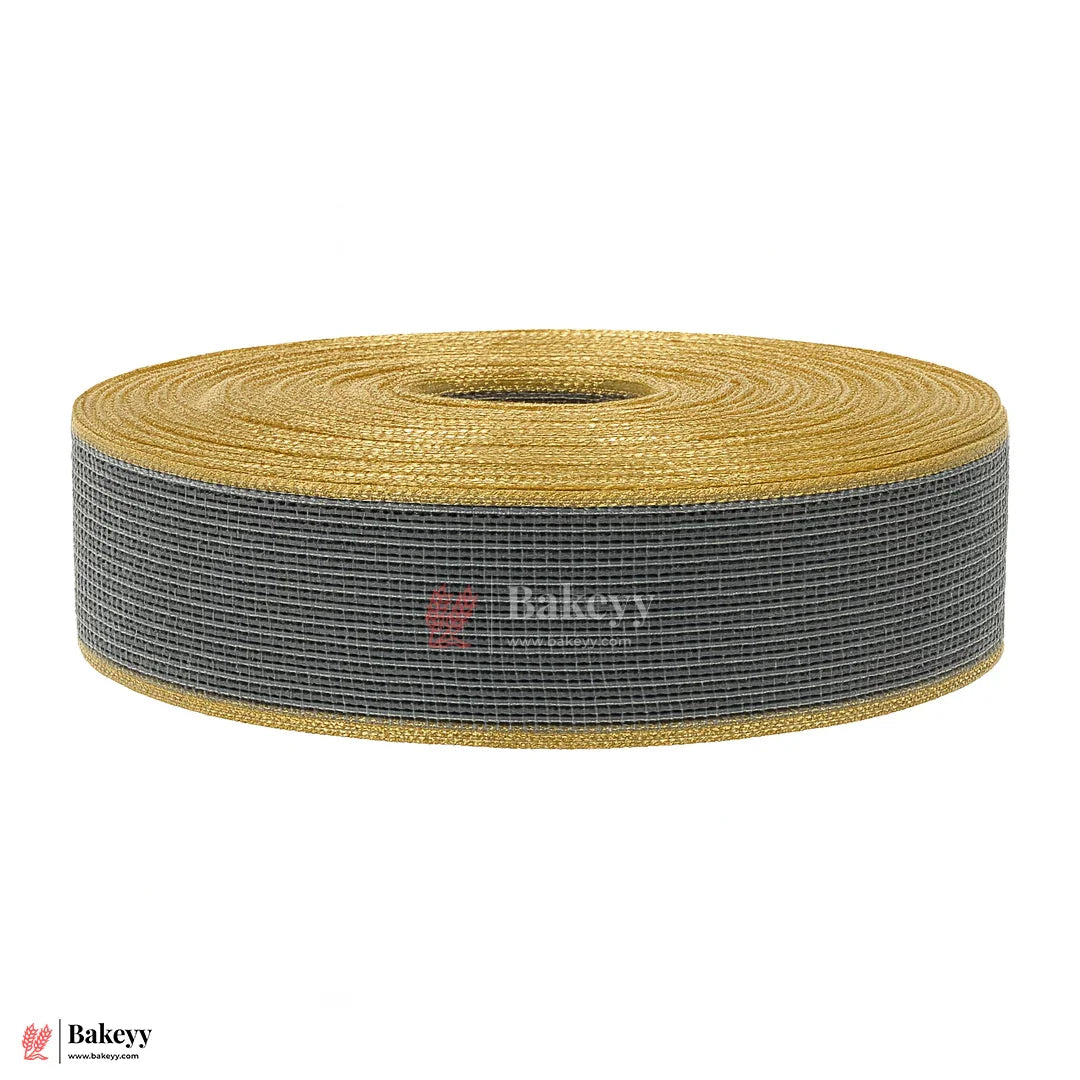 343 | Elastic Grey Ribbon with Gold Borders – 3cm | 18 Meter Roll