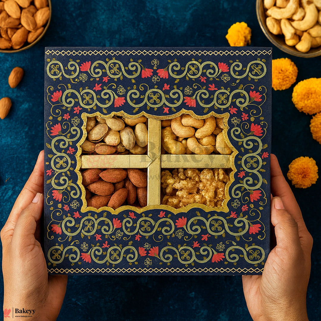 8x8x1.5 Inch | Rigid Dry Fruit Box | Elegant 4-Compartment Festive Hamper Box with Window Lid | Elegant Floral Design | Pack Of 1