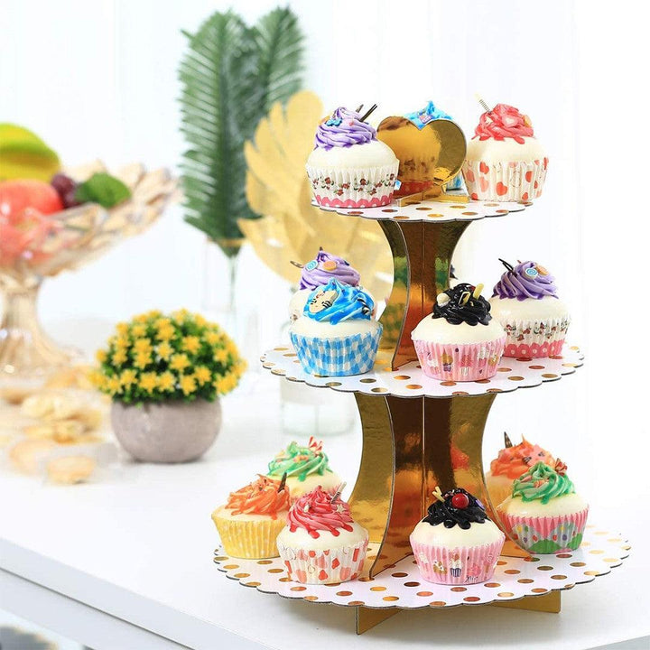 Tier Layer Cupcake Dessert Paper Stand Display Rack | Golden Dotted - Bakeyy.com