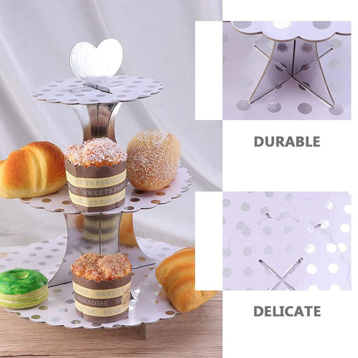 Tier Layer Cupcake Dessert Paper Stand Display Rack | Silver Dotted - Bakeyy.com