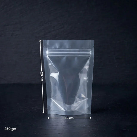 110 GSM Clear Stand-up Ziplock Pouch | Zip Lock Standing Pouch - Bakeyy.com - India - 110 GSM Clear Stand-up Ziplock Pouch | Zip Lock Standing Pouch - 250g 420.00