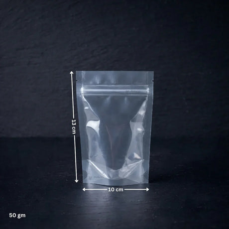 110 GSM Clear Stand-up Ziplock Pouch | Zip Lock Standing Pouch - Bakeyy.com - India - 110 GSM Clear Stand-up Ziplock Pouch | Zip Lock Standing Pouch - 50g 210.00