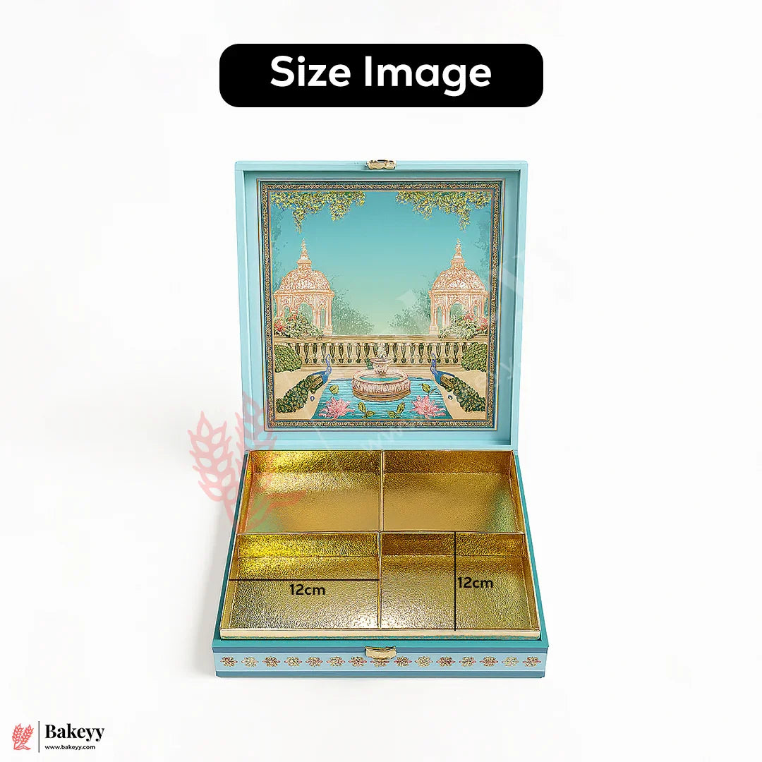 Decorative box with artistic design and measurements on a white background